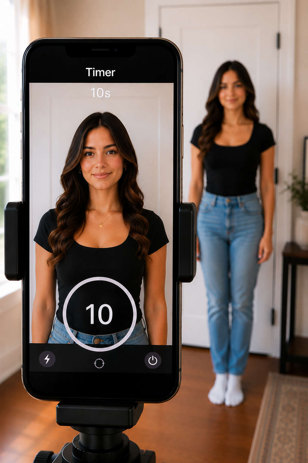 Take your own passport photo using a phone timer